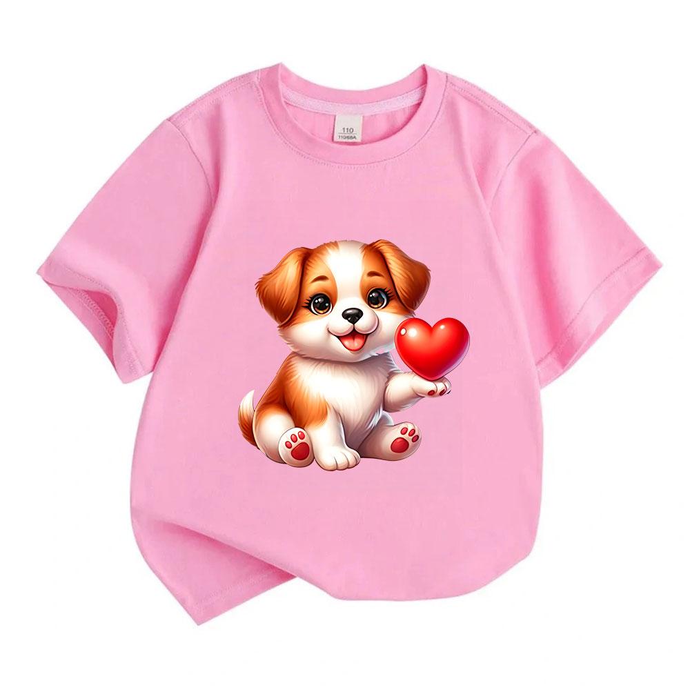 Kids Boys Girls 100% Cotton Crew Neck Short Sleeve T-Shirt, Cute Cartoon Puppy Hold Red Heart Print Soft Casual Tees for Children Summer Daily Wear To