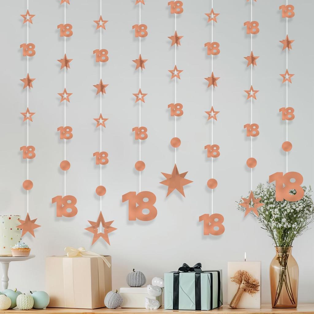 Rose Gold 18th Birthday Decorations for Girls, 8 PCS Number 18 Circle Dot 3D Star Metallic Hanging Streamer Happy 18 Year Old Birthday Party Supplies