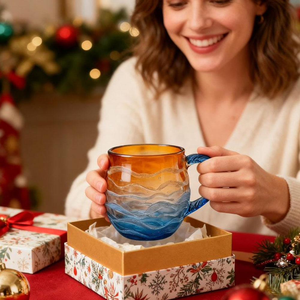 350ml Handmade Sunset Ocean Glass Cup Afternoon Tea Office Mug Unique Design Orange Gradient Blue Sending Spoons