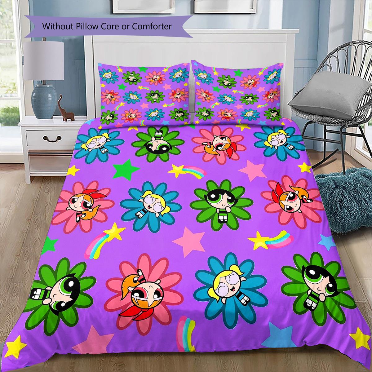 

The Powerpuff Girls with Purple Background Bedding Set, 1 Duvet Cover & 2 Pillowcases, Home Decor, Ideal Gift 135x200cm