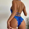 Lingerie sexy blu senza cavallo per le donne Vestiti segreti Teddy in pizzo Reggiseno aperto a V profondo Set di biancheria intima Tentazione Costumi erotici sessuali