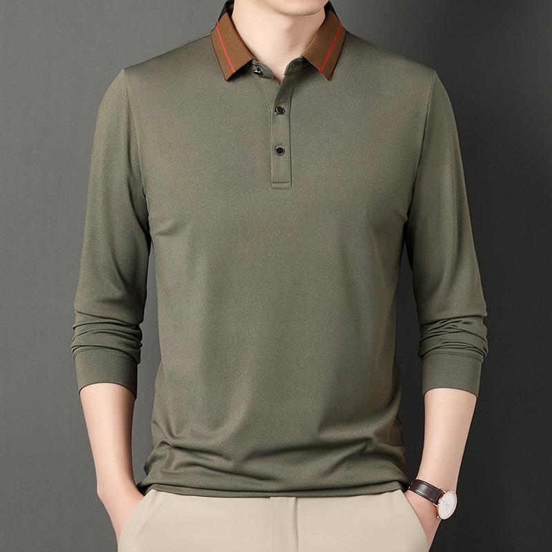 

Мужская футболка с длинными рукавами на весну и осень, повседневная однотонная рубашка-поло с лацканами средне-зеленого цвета, нижняя часть мужского топа 4XL