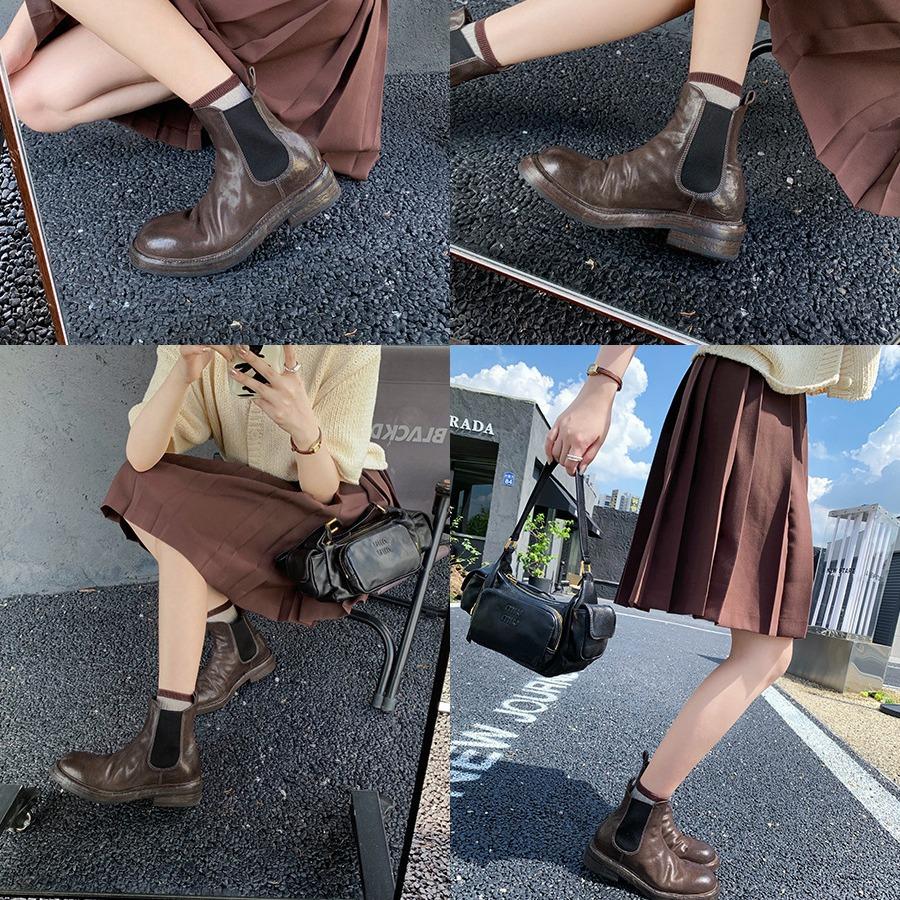 Grape Mom Same Washed Leather Pleated Boots Thick Heel Thick-soled Cigarette Tube Elastic Boots Chelsea Short Boots Autumn and Winter Boots
