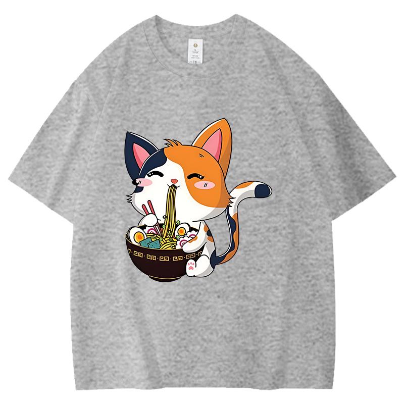 

Funny Q Version of Three Color Cat Eating Lamian Noodles Print TShirt Womens Unisex Casual Cotton Tops Summer Plus Size Tops Tees S
