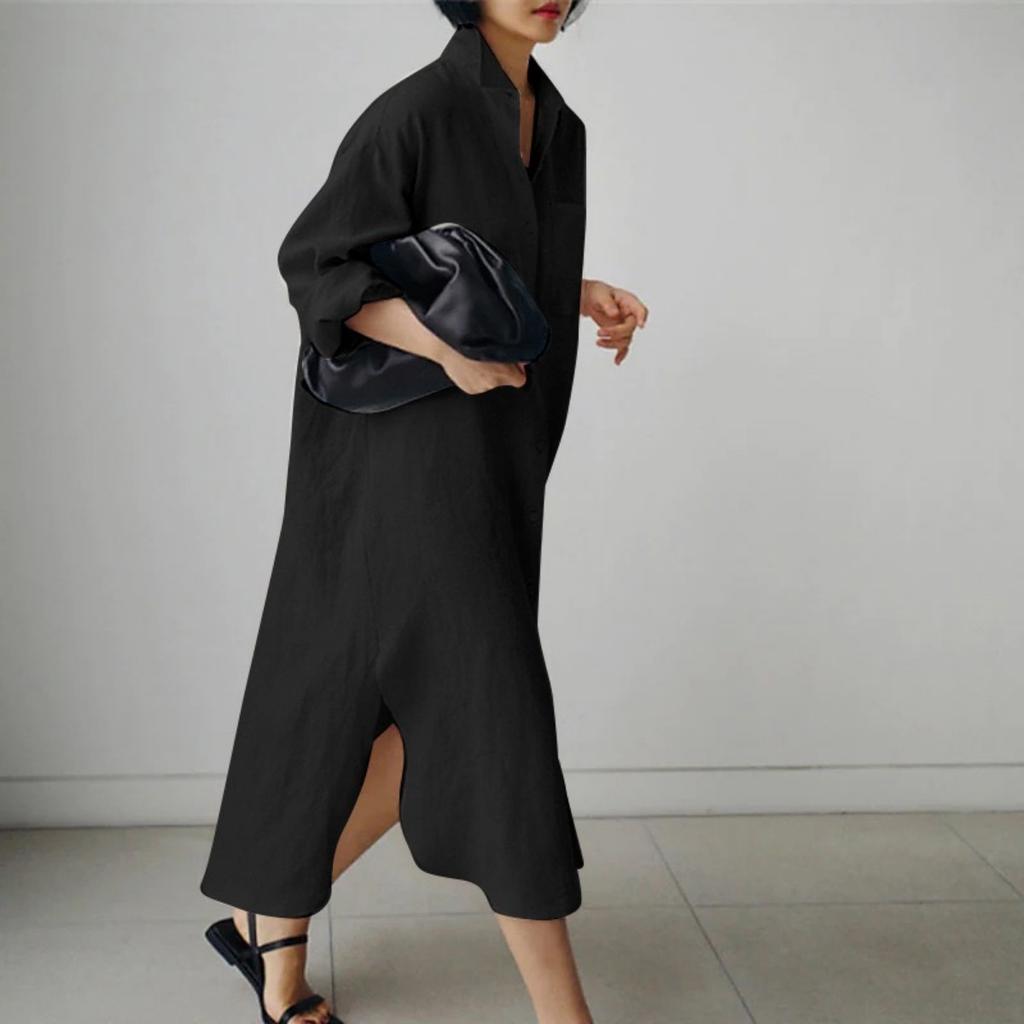 LYRIA Cotton Linen Oversize Women Dress Black Turn-Down Collar Loose Dresses Female Elegant Casual Trendy Ladies Clothes