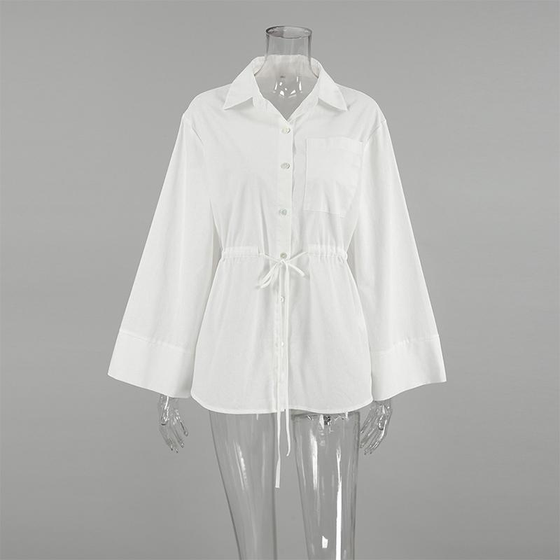Bílá bavlněná šněrovací košile stahující pas Jednoduchá móda Dámské halenky Polo límeček Jednořadé Dlouhý rukáv Top Dojíždění HarajukuStyl Jaro Léto