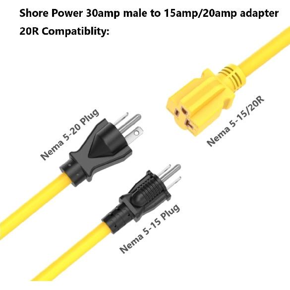 1FT 30-Amp to 15-Amp Marine-Shore Power-Adapter NEMA L5-30P to 5-15/20R,10AWG 30Amp to 20Amp T Blade Marine Adapter Plug,Twist Lock 125V 30A to 20A/