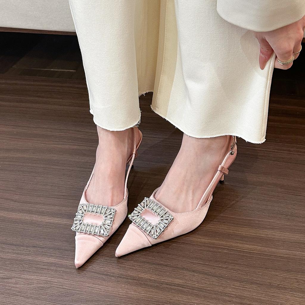 Pinke spitze Strass-High Heels Damen Frühling 2025 neu Satin Stiletto hinten leer leichte Mundsandalen