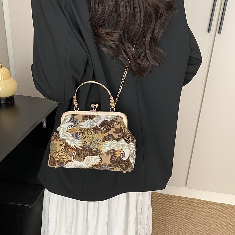 Chinese Style Hanfu Qipao Bag Polyester Vintage Handbag Crossbody Purse with Metal Clasp Retro Shoulder Bag for Women