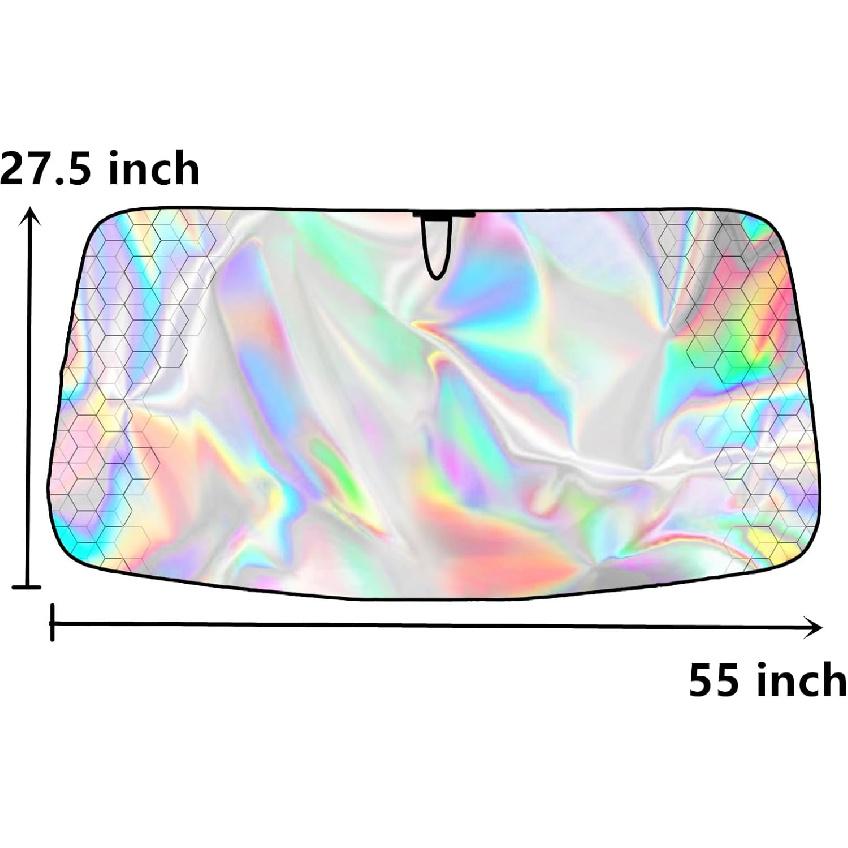 Car Windshield Sun Shade,5-Layer Reflective Blocks UV & Heat,Heavy Duty Foldable Sunshade With Metal Frame, Iridescent Color Keep Car Interior