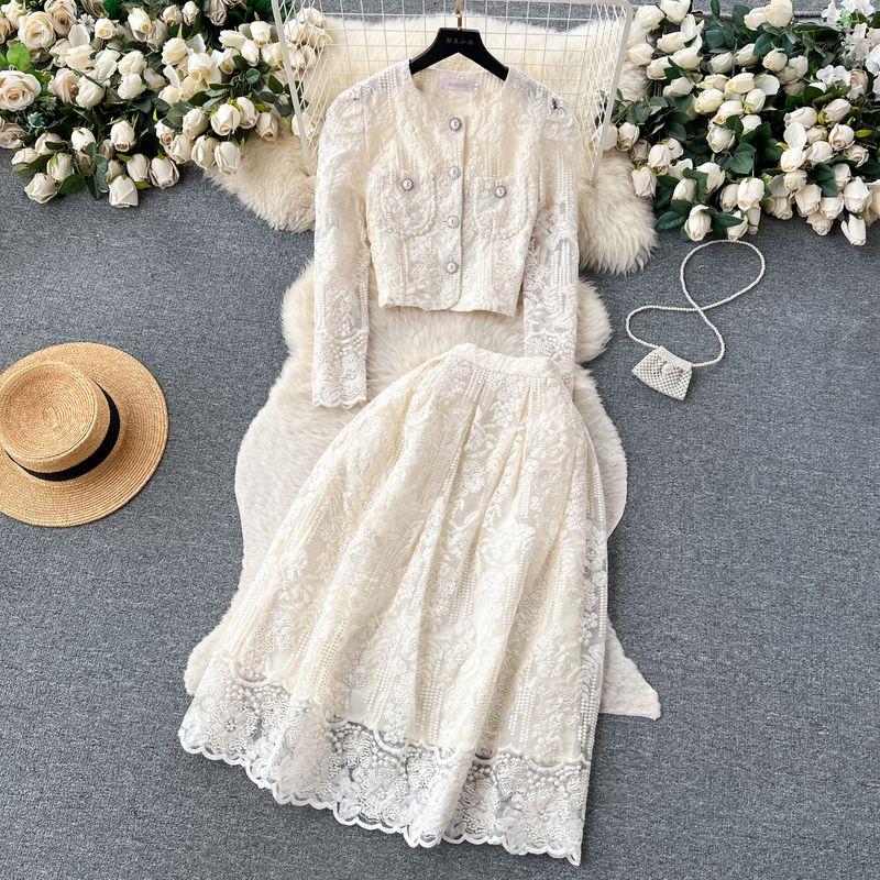 Classic Style round Neck Puff Sleeves Large Swing Autumn Clothing Lace