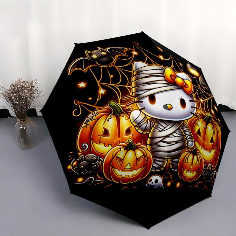 1PC Halloween Hello Kitty Pattern Auto Folding Umbrella, Portable Collapsible Design, Casual Outdoor Accessory, For All Seasons, Christmas Birthday Fe