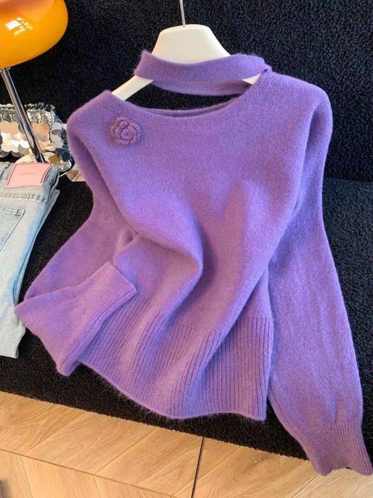 3D Floral Halterneck Sweater - Women's Autumn/Winter 2026 Collection: French Style, Loose Knitwear