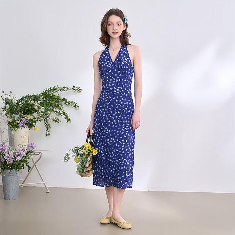 French Retro Halter Floral V-Neck Waist Dress