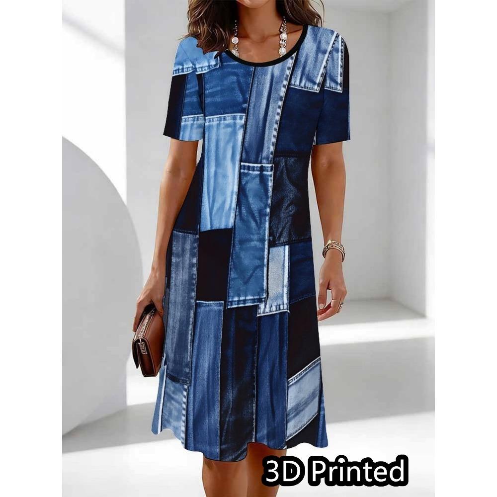 Big Size S-6XL Women's Printed Dress Summer Short Sleeve Round Neck Casual Mini Dress