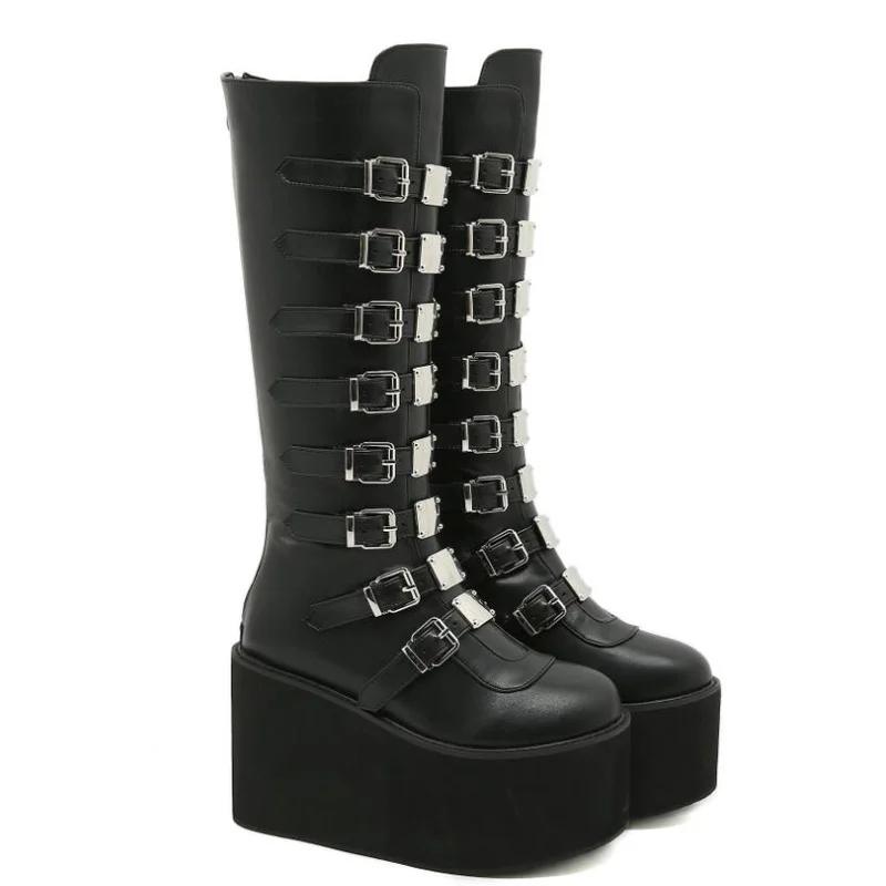 Fashion Designer Big Size 43 Black Gothic Style Cool Punk Motorcycles Boots Female Platform Wedges High Heels Calf Boots Women Shoes