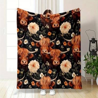 Highland Cow Floral Print Blanket Bedroom Blanket for Livingroom Couch Lunch Break Soft Throw for Friend's Festival Gift