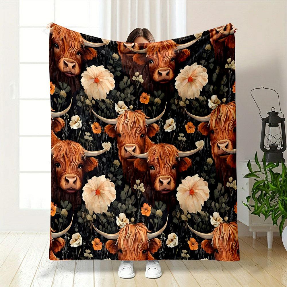 Highland Cow Floral Print Blanket bedroom Blanket for Livingroom Couch lunch break Soft throw for Friend's festival Gift