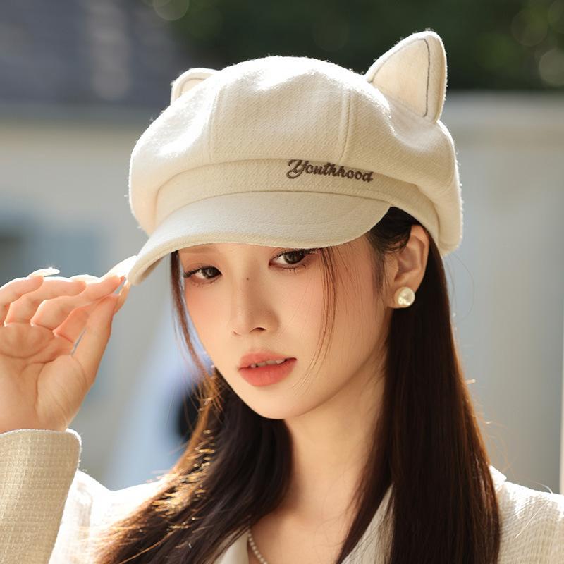 Hat Autumn and Winter Women's Cute Embroidered Letters Cat Ears Beret Painter Hat