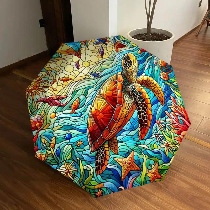 

Stained Sea Turtle Design Automatic Opening/Closing Umbrella with Foldable Design,, Travelers, Everyday Use, Festive Gift1121326a