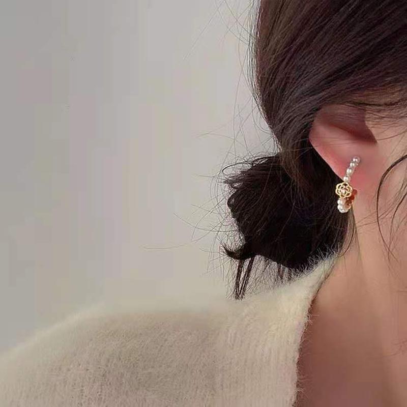 Elegant Pearl C Shape Drop Earrings Party Event Jewelry Women Golden Color Hollow Out Camellia Flower Dangle Earrings Basic Minimalist