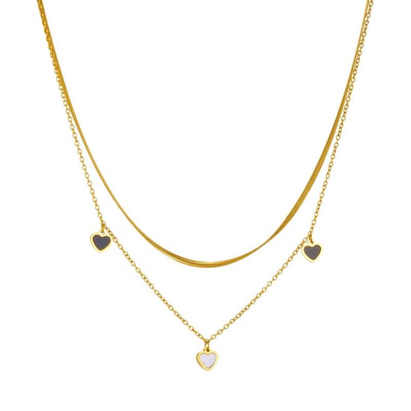 Gold Plated Double Layer Necklace with Black and White Heart Charms Fashion Jewelry for Women