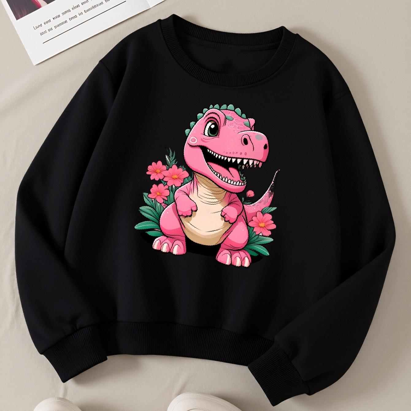 Kids Crewneck Long Sleeve Sweatshirt,Pink Dinosaur With Floral Print 110