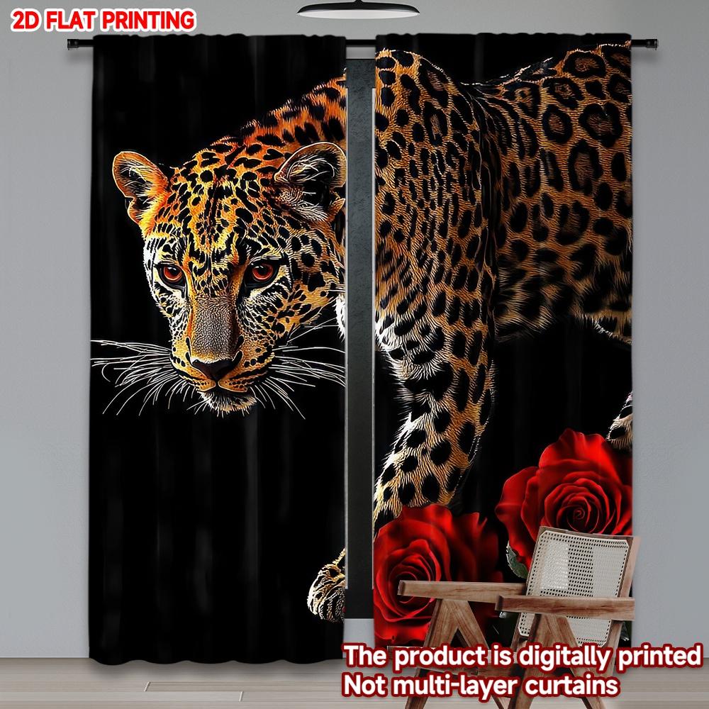 2pcs Leopard with Red Roses Curtains Digital Printing   Wild Animal Floral Pattern On Black Background for Bold Living Room Decor