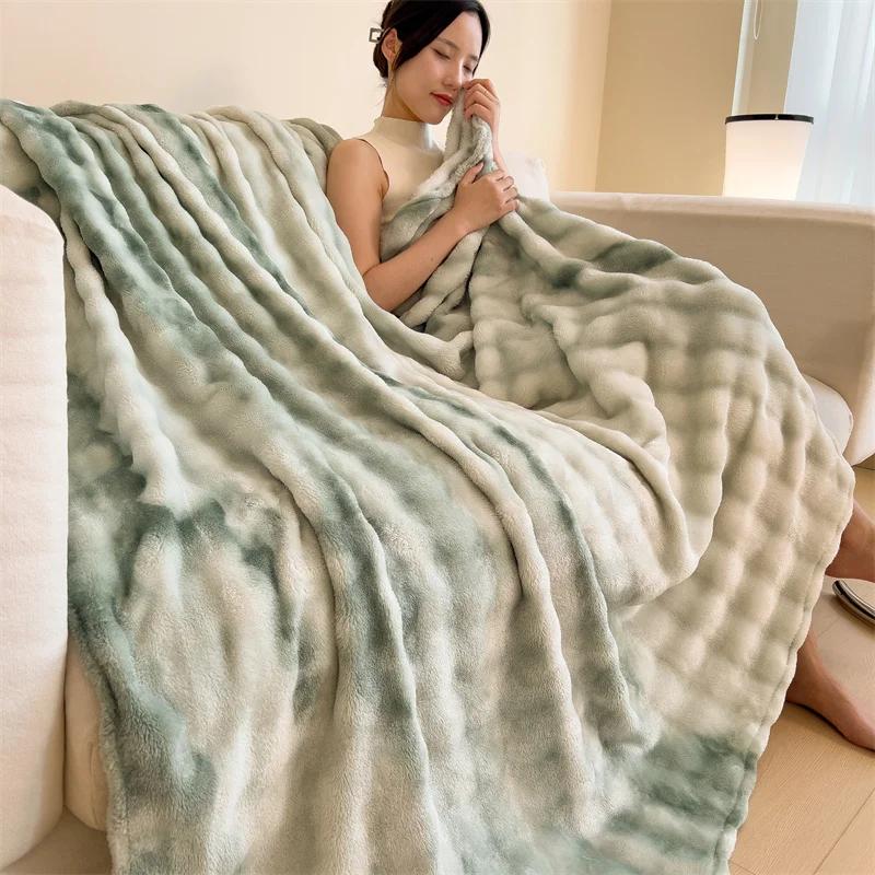 Luxury Faux Rabbit Fur Throw Blanket Winter Warm Soft Cozy Fluffy Home Decorative Tie-dye Bed Blankets Couch Sofa Furry Blanket