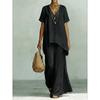 Women's Loose Fit Two-Piece Tracksuit Short Sleeve V Neck Top High Waist Wide Leg Pants