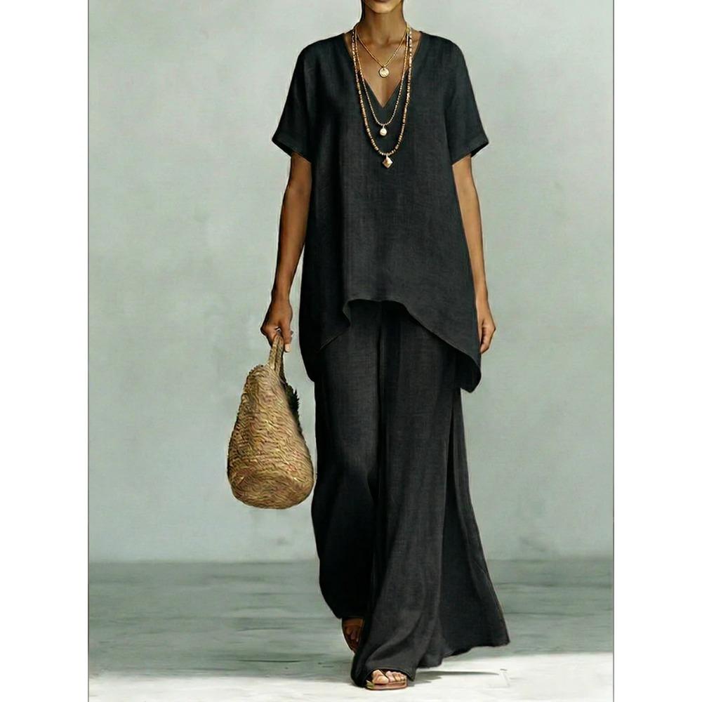 Women's Loose Fit Two-Piece Tracksuit Short Sleeve V Neck Top High Waist Wide Leg Pants
