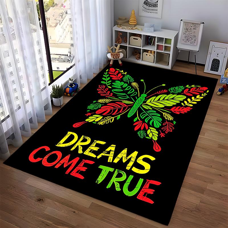 Colorful Butterfly Carpet with "Dreams Come True" Text on Black Suitable for use as an anti-slip for living room bedroom sofas