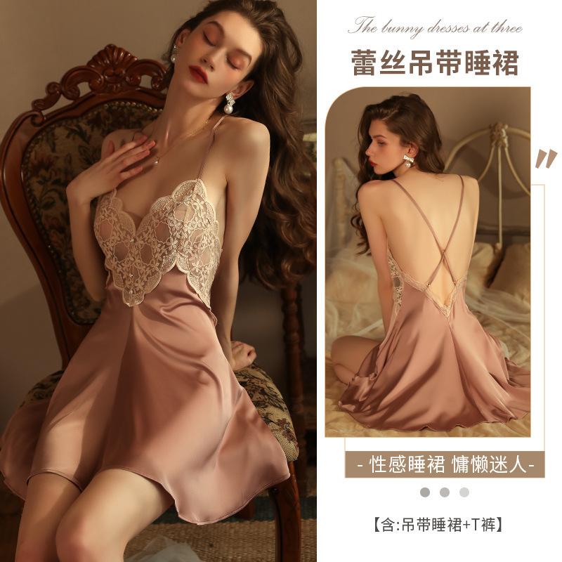 Dottie Suspender Nightdress Women's Summer Sexy Lace See-through Pajamas French High-end Ice Silk Loungewear Set
