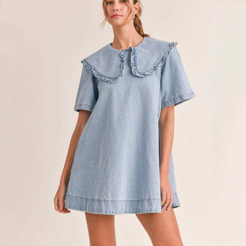 

European and American Demin dress Women 2025 Summer New Lapel Loose Frill Dress Light Blue S