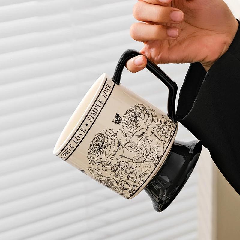 Creative Vintage Ceramic Cup with Handle Heat-resistant Coffee Mug Rose Patterned High Standing Tea Cup for Christmas Gifts