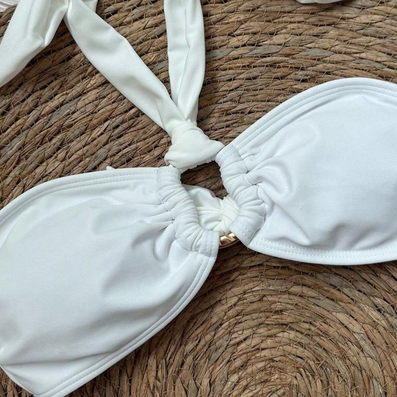 Sexy Neck-buckle, Irregularly Cut, Backless, Plunging Top Swimming Suit for Women In A Two-piece Set