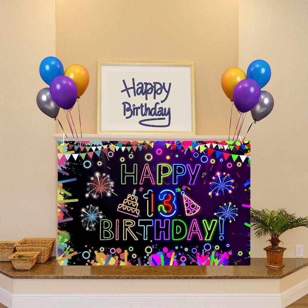 Party Backdrop Polyester Neon Birthday Party Decorations Happy 13th Boys