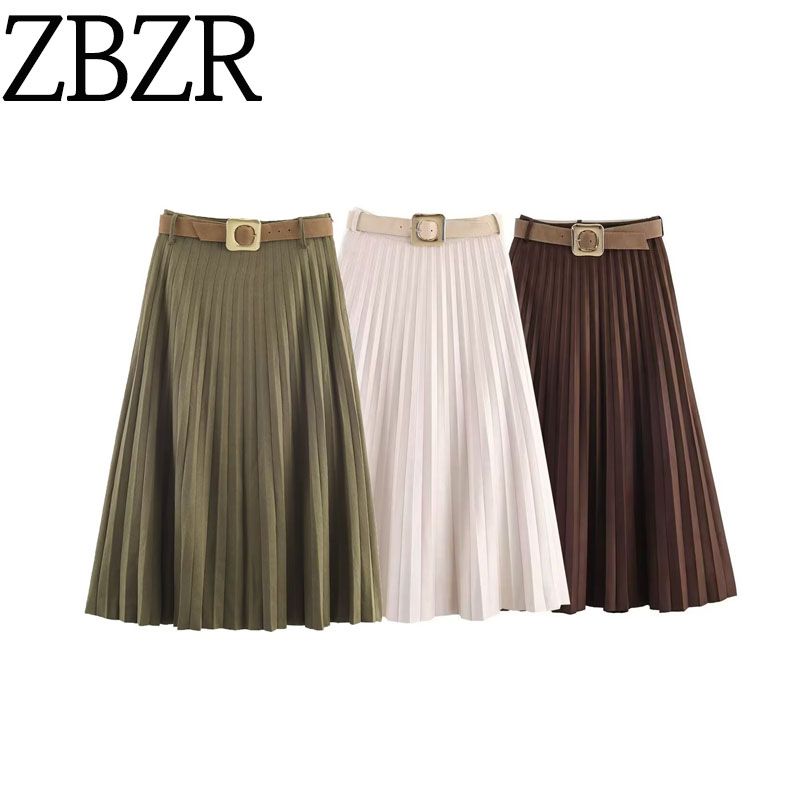 Za Autumn New Women's Clothing Zr European and American Style Fashion Belted Suede Pleated Midi Skirt 3046266