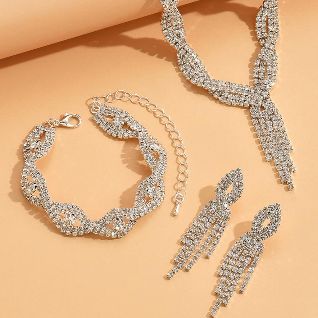 4PC Women's Fashion Design Tassel Water Drop Necklace Earrings Bracelet Zircon Set Suitable for Wedding, Party, Festival Gifts