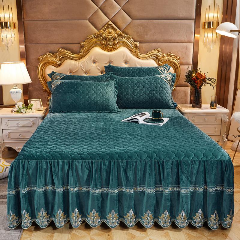 

Роскошное однотонное стеганое велетное покрывало с кристаллами, королевский размер, кружевная мягкая коралловая флисовая юбка-кровать, не включая наволочку 2pcs Pillowcase