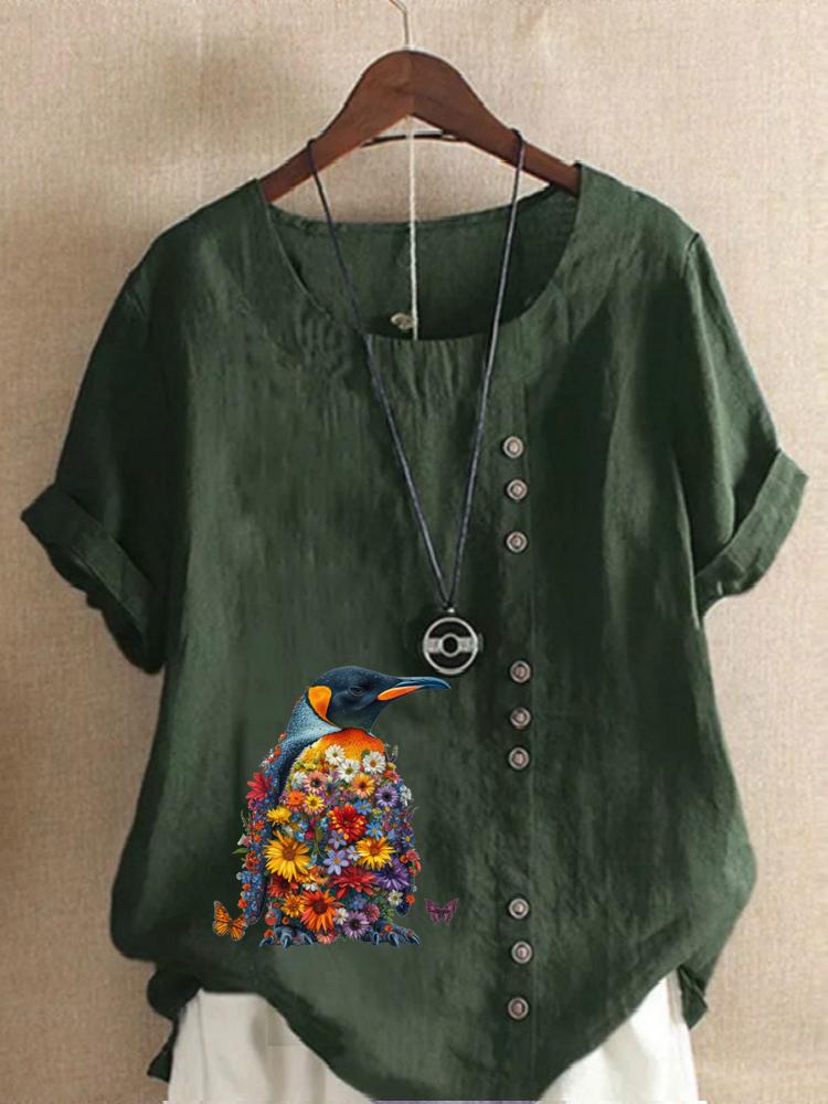 Women's Fashion Penguin Floral Print Round Neck Short Sleeve T-shirt Casual Cotton Linen Graphic Shirt Leisure Loose Summer Blouse Tops