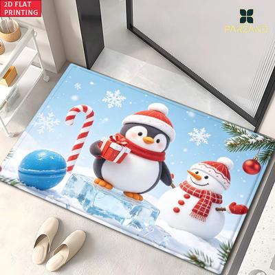 2D Flat 1pc 850Gsm Velvet Door Mat Penguin Snowman Art HD Printed Kitchen Rugs, Non-Slip Yoga Mats, Absorbent Machine Washable Polyester Rug for Bathr