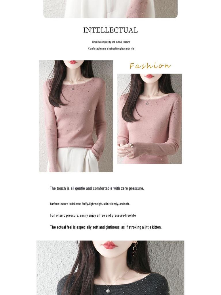 Damen Slim Fit Rundhals Herbstpullover mit Hot-Drill-Akzenten