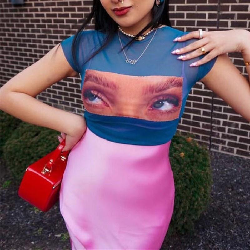 Summer Retro Aesthetics T-shirt Transparent Mesh Short Sexy Top Open Umbilical Gothic Funny Eye Picture T-shirt