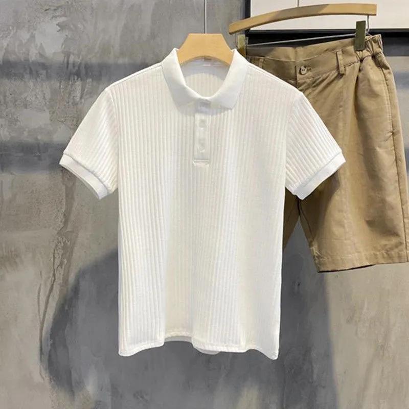 Men's Slim Fit Short Sleeve Polo Knit Shirt - Korean Style Casual Ribbed Top