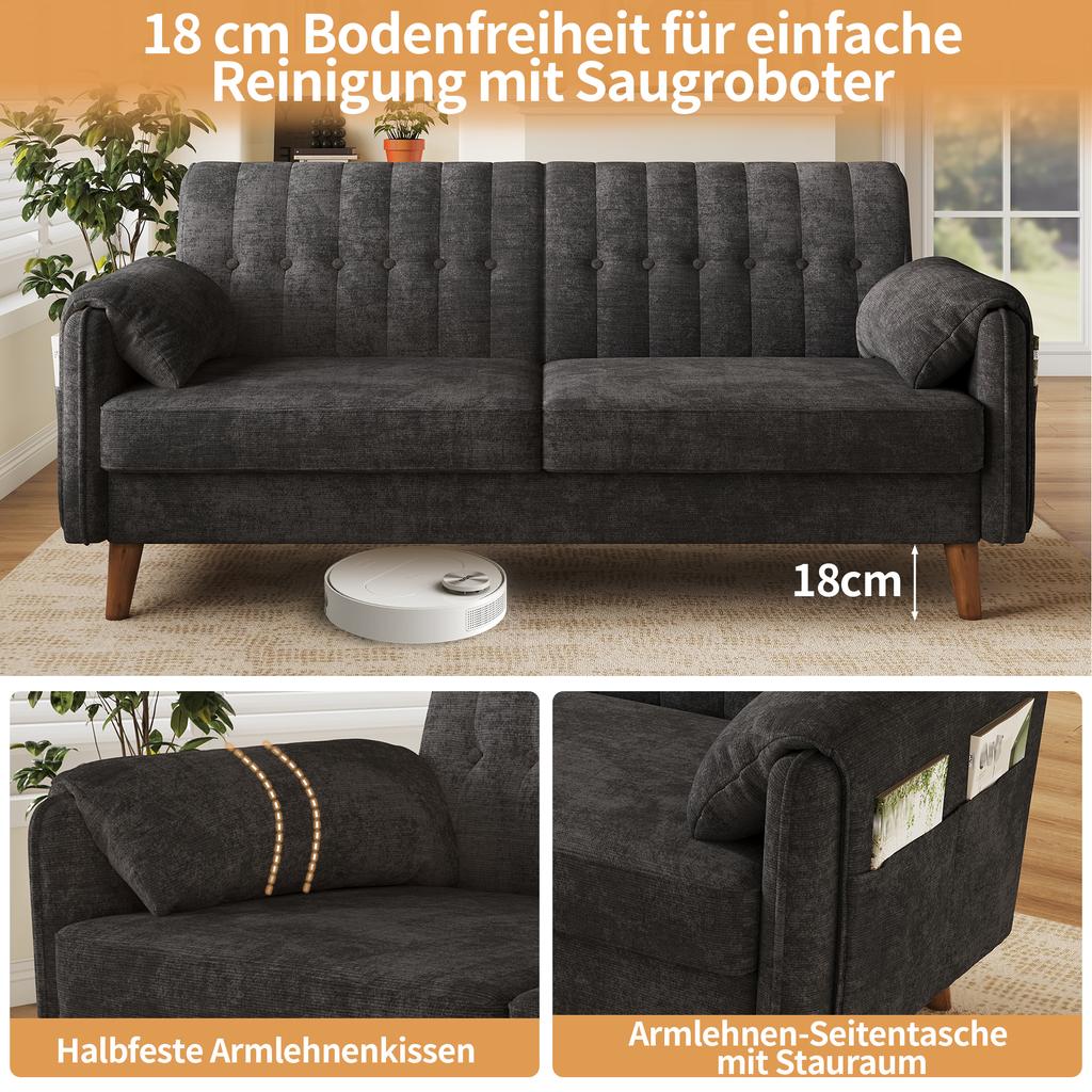 Modern 2-Seater Sofa In Chenille with Thick Seat Cushion, Tufted Backrest, 2 Armrest Cushions, Side Pockets; Solid Wood Legs, Easy To Assemble, Grey