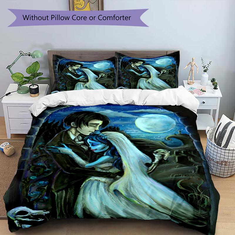 3pcs Duvet Cover Set (1*Duvet Cover + 2*Pillowcase, Without Core), Corpse Bride Print Bedding Set, Bedroom Decor, All‑Season, Birthday Gift