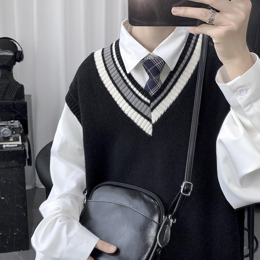 Men's Knitted V-Neck Sweater Vest - Korean Style, Spring/Autumn, Loose Fit