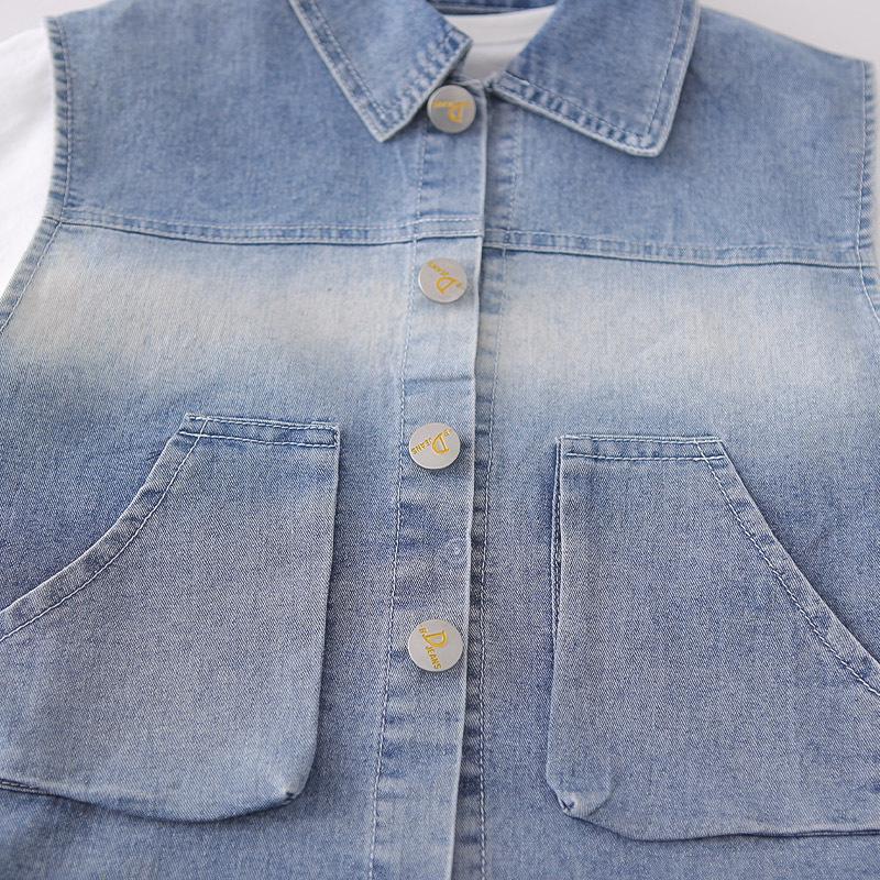 Boys' Korean Style Three-Piece Summer Set: Denim Vest, Stylish Double Pocket, Cool Street Fashion Short Sleeve.