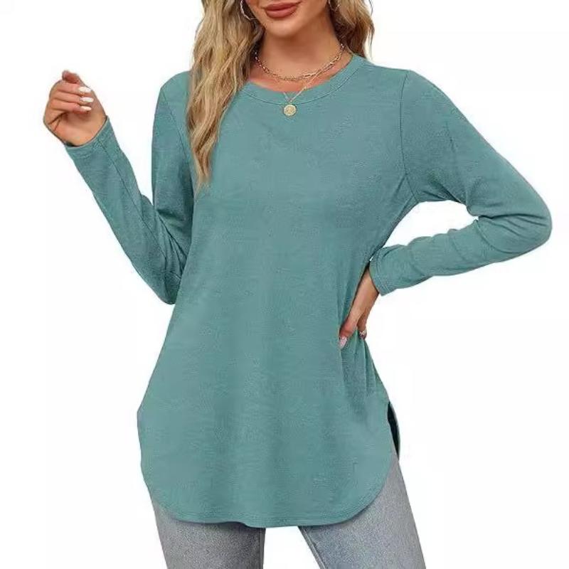 Long Sleeves Women's Solid Color Long Sleeve Top Crew Neck Loose Casual Bottom Shirt